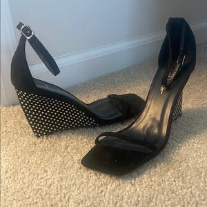 Lulu's Black Wedge Heels with Polka Dot Design